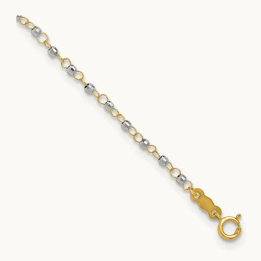 Circle Chain with Mirror Beads 9in Plus 1in Ext. Anklet, 14K Two-tone