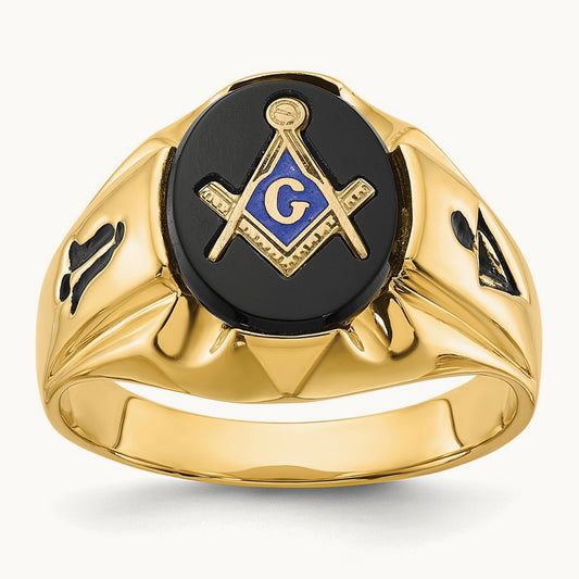 Men's Polished, Antiqued and Grooved with Oval Onyx Masonic Ring, 14K