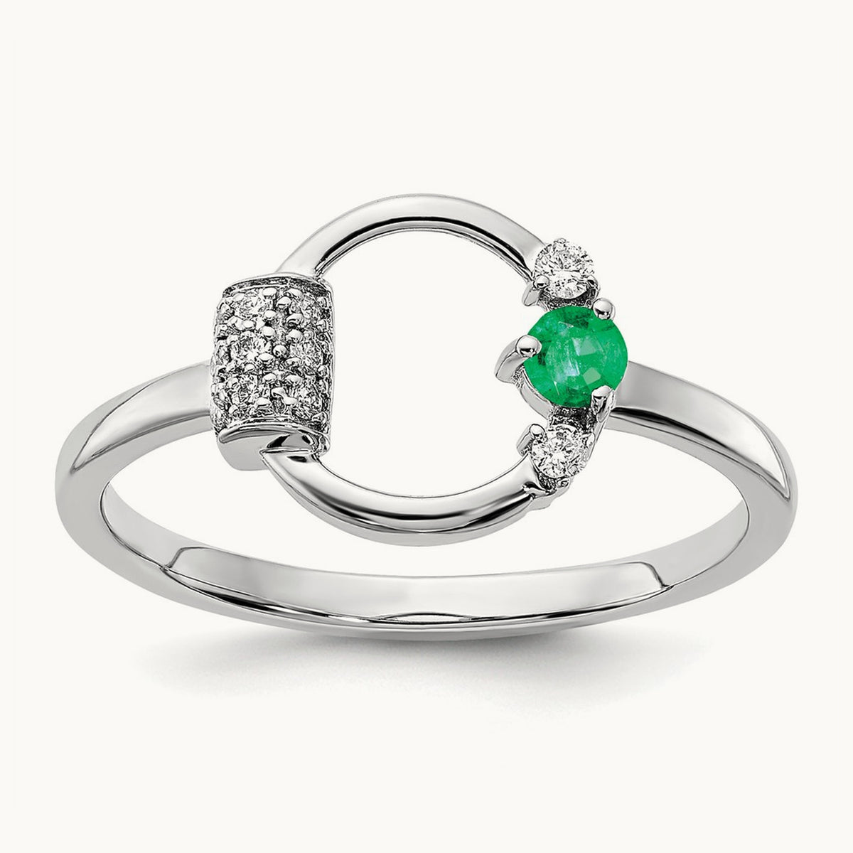 Polished Diamond and Emerald Circle Ring, 14K White