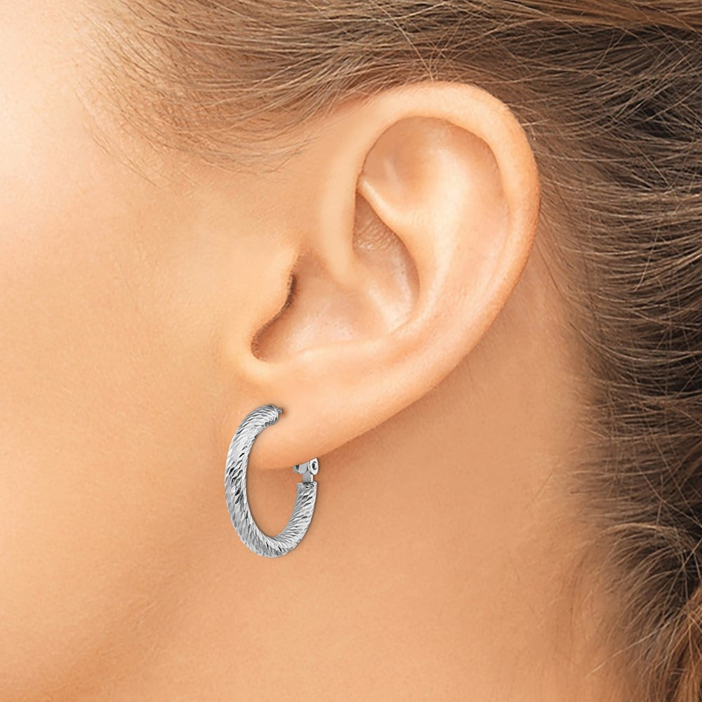 Diamond-cut Round Omega Back Hoop Earrings — 14K White Gold, 3x21mm