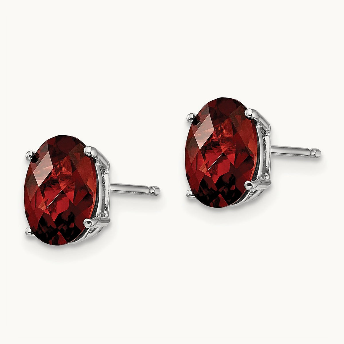 8x6mm Oval Garnet Checker Earrings, 14K White Gold
