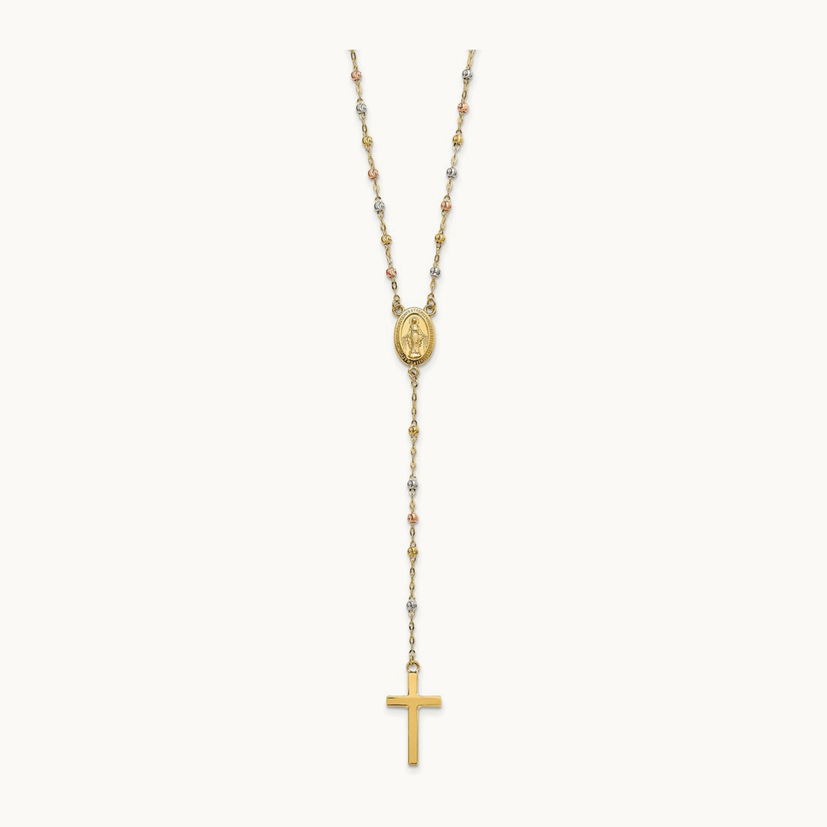 Tri-color Bead Rosary 17in w/3 in ext Necklace, 14K
