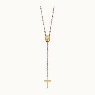 Tri-color Bead Rosary 17in w/3 in ext Necklace, 14K
