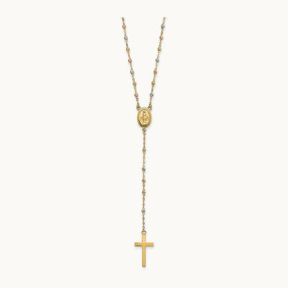 Tri-color Bead Rosary 17in w/3 in ext Necklace, 14K