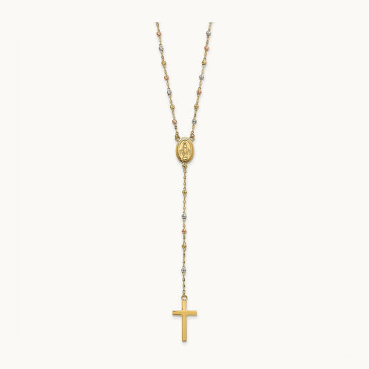 Tri-color Bead Rosary 17in w/3 in ext Necklace, 14K