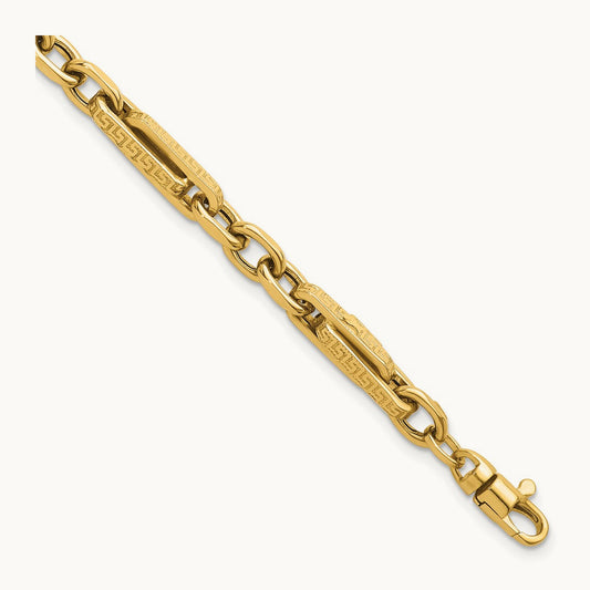 Polished & Textured Greek Key Design 7.75 in Bracelet, 14K