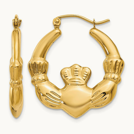 Polished Claddagh Hoop Earrings, 14K