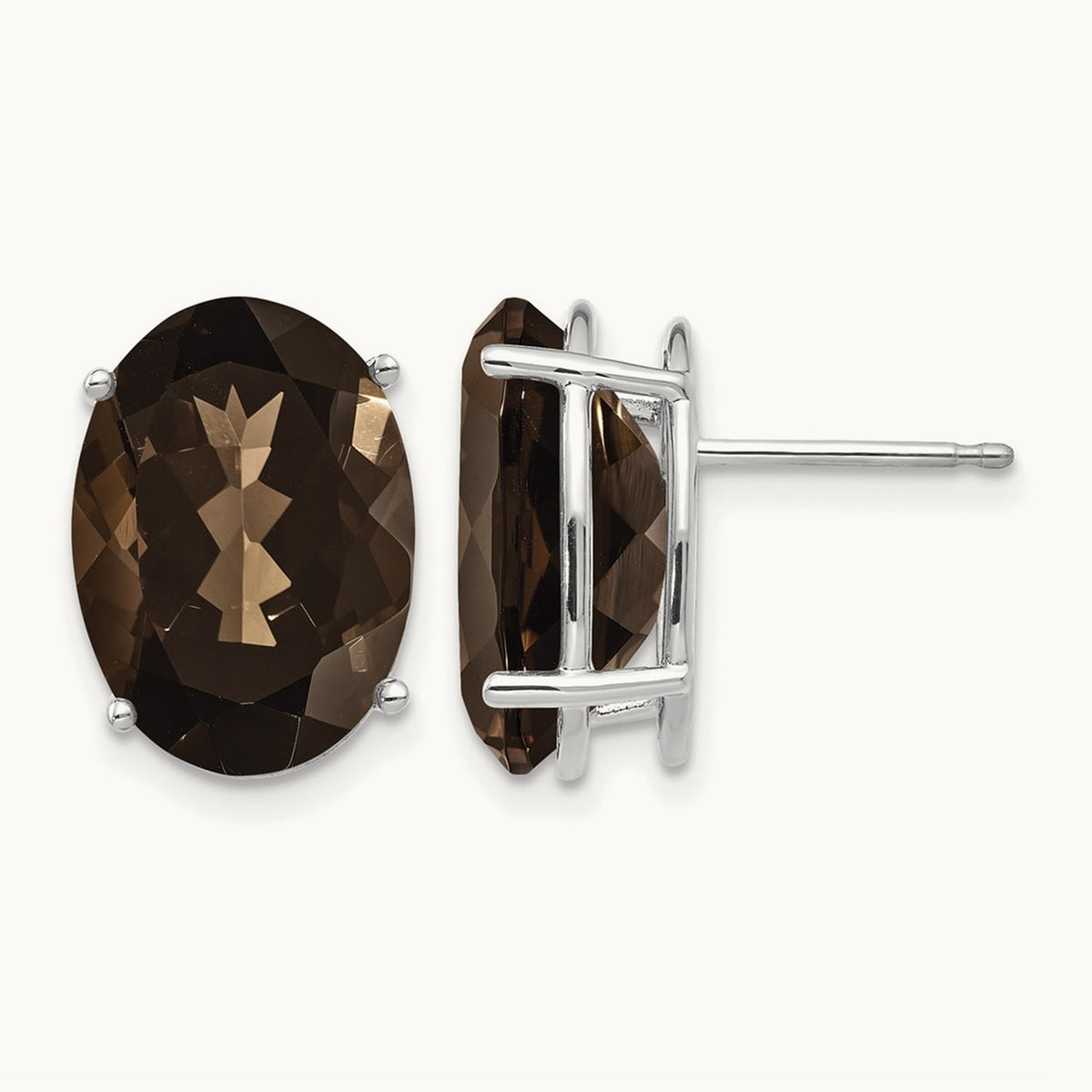 Oval 4-Prong 14 x Smoky Quartz Earrings, 10mm, 14K White Gold