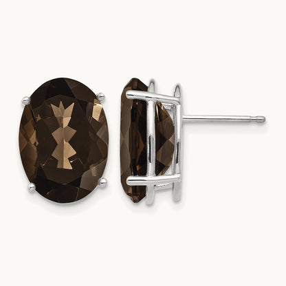 Oval 4-Prong 14 x Smoky Quartz Earrings, 10mm, 14K White Gold