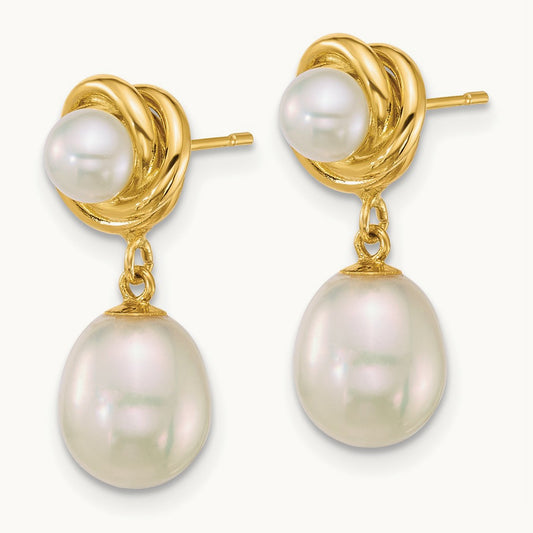 Polished Rice/Button Freshwater Cultured Pearl Post Dangle Earrings, 14K