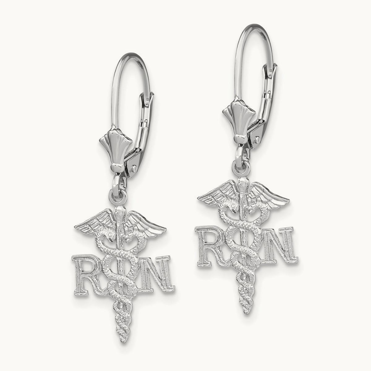 RN Caduceus Leverback Earrings — 14K White Gold