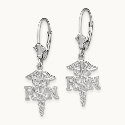 RN Caduceus Leverback Earrings — 14K White Gold