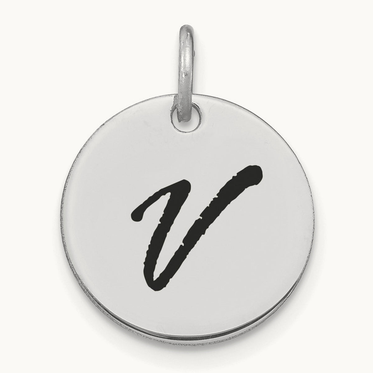 Polished Black Enamel Initial Disk Charm — 14K White Gold, V