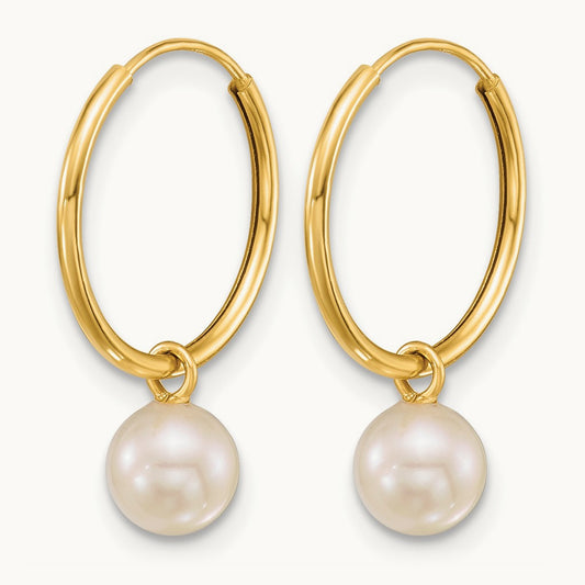 5- Round White Semi-Round FWC Pearl Hoop Earrings, 6mm, 14K