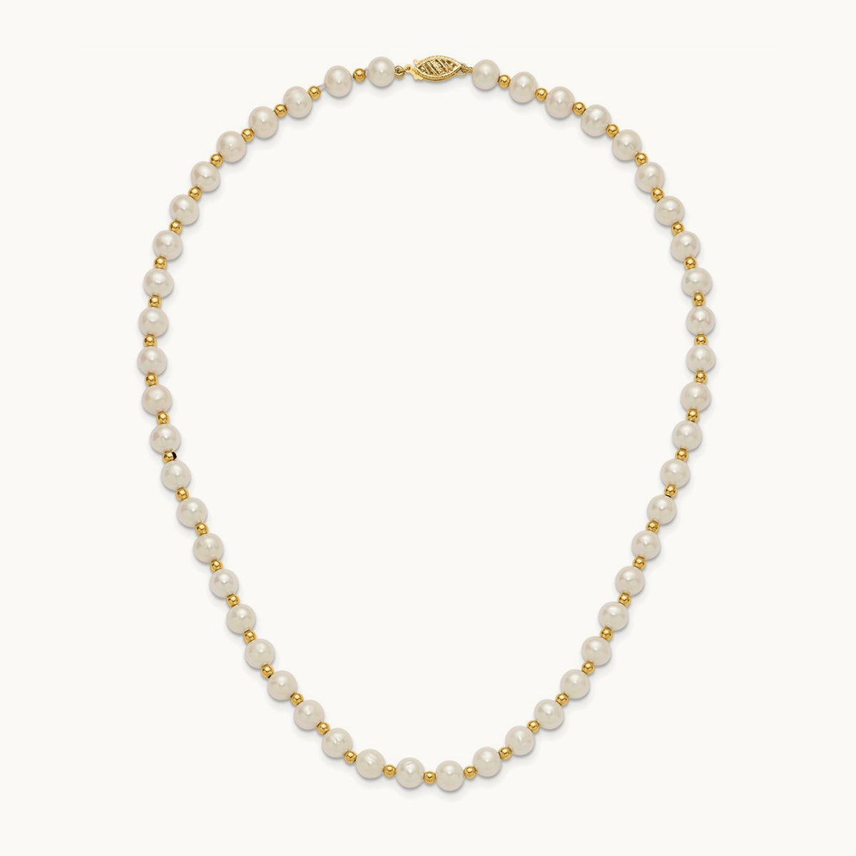 6- White Near Round FW Cultured Pearl Bead Necklace, 7mm, 14K