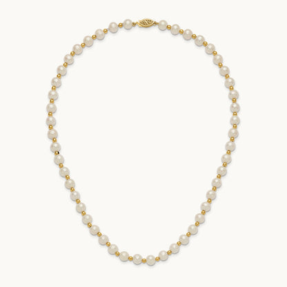 6- White Near Round FW Cultured Pearl Bead Necklace, 7mm, 14K