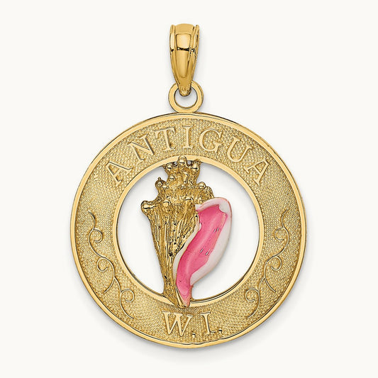 ANTIGUA, WI Circle w/ Enamel Conch Shell Charm, 14K