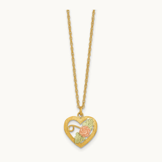w/12k Accent Tri-color Black Hills Gold D/C Flower Heart Necklace, 10K