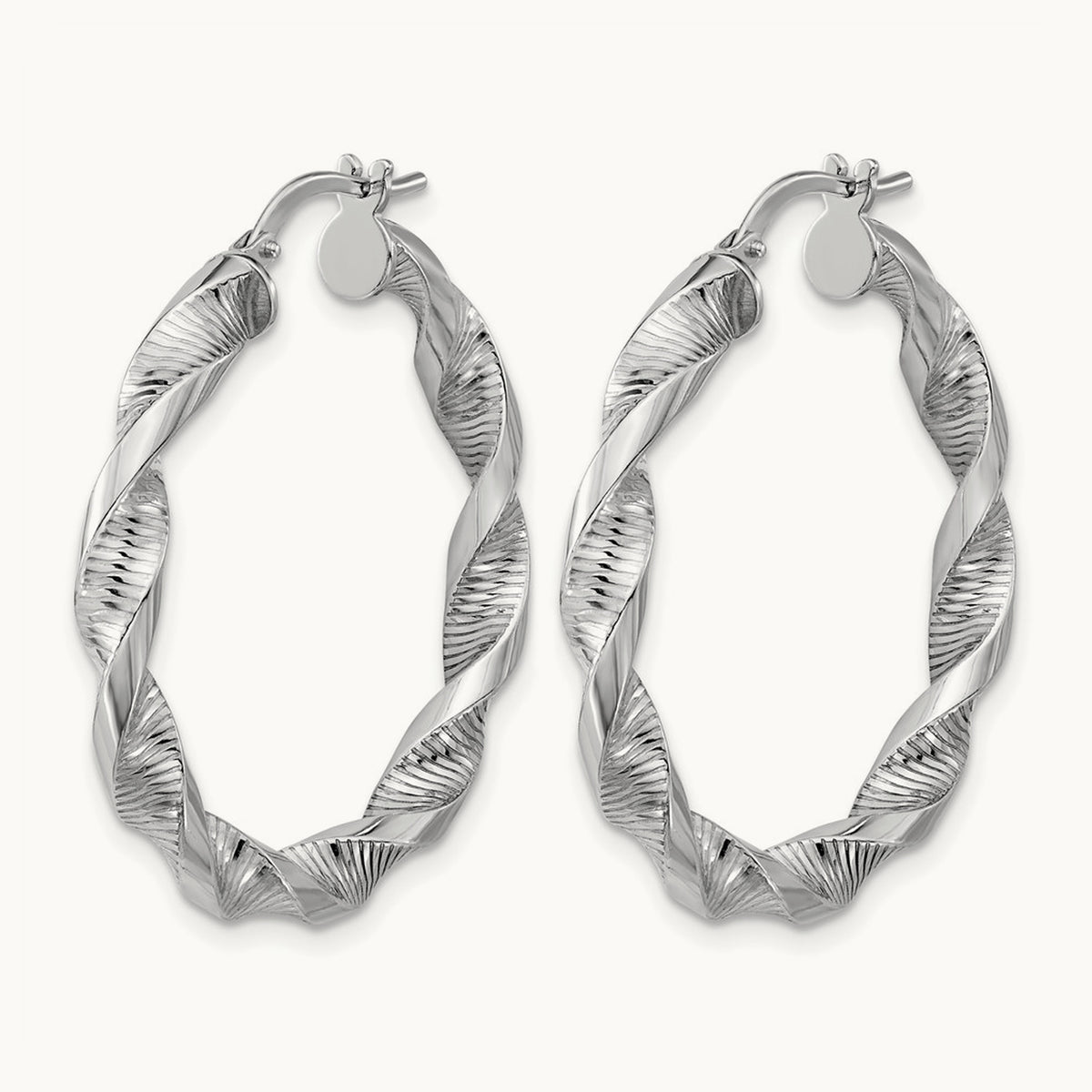 Rhodium-plated Polish/Textured Twist Hoop Earrings — 35mm