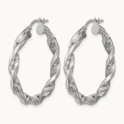 Rhodium-plated Polish/Textured Twist Hoop Earrings — 35mm