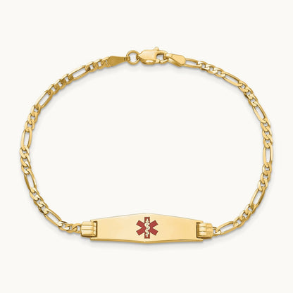 Medical Soft Diamond Shape Red Enamel Figaro ID Bracelet, 14K