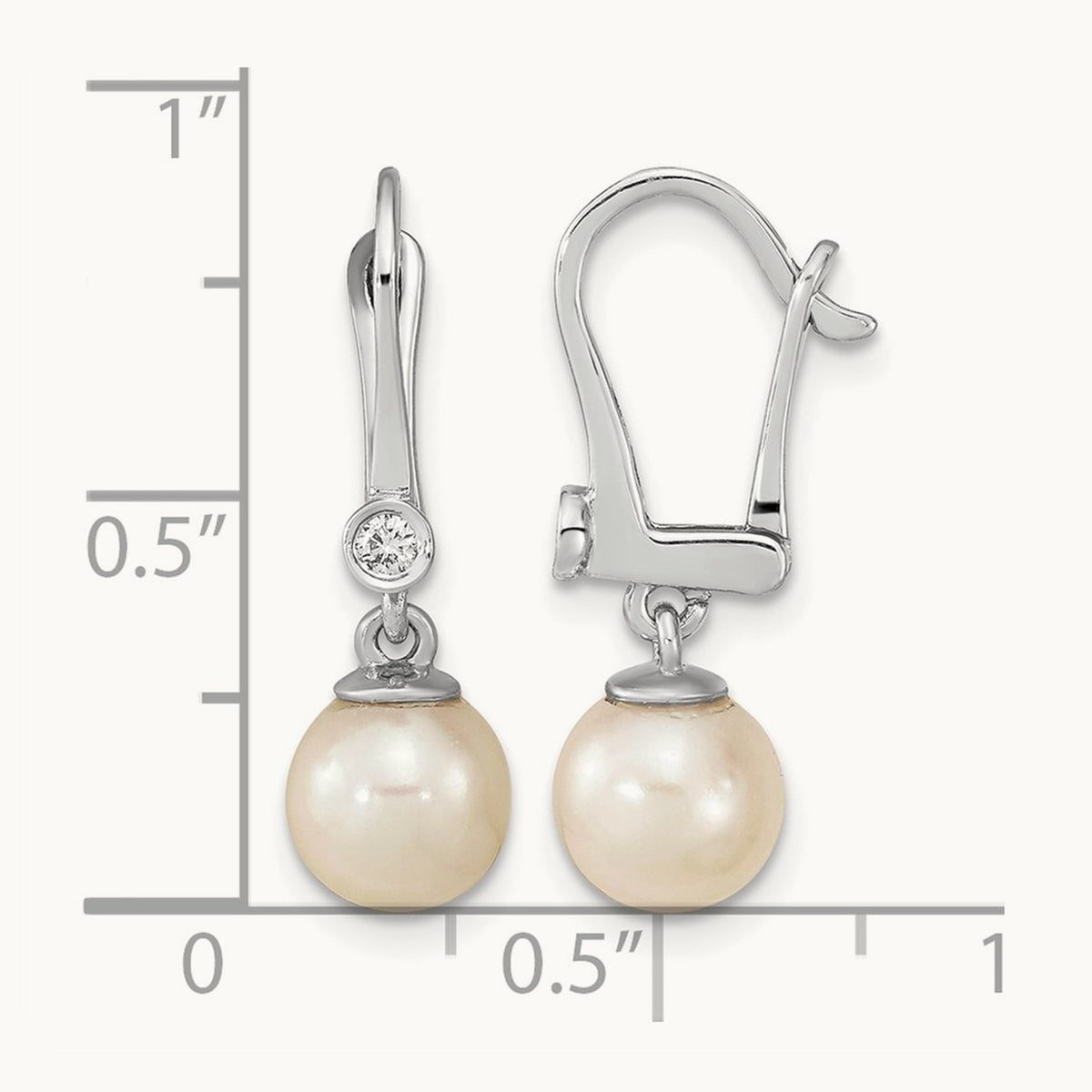 7- Round White Saltwater Akoya Pearl .05ct Dangle Earring, 8mm, 14K White Gold