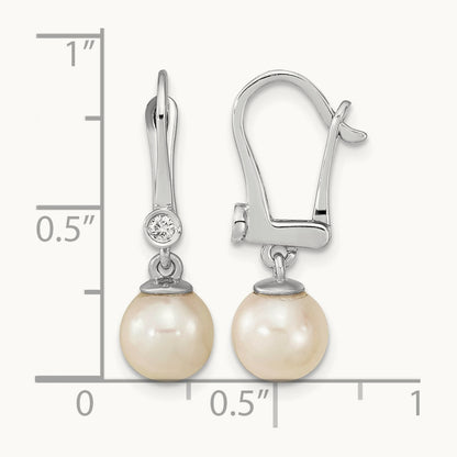 7- Round White Saltwater Akoya Pearl .05ct Dangle Earring, 8mm, 14K White Gold