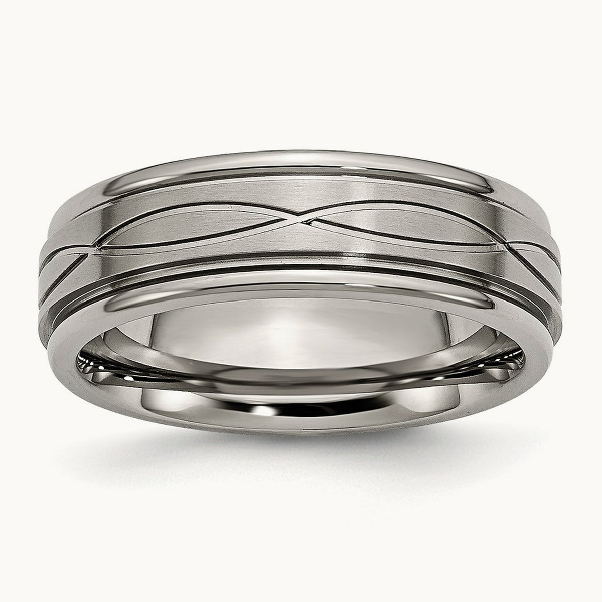 Brushed Center Criss-cross Design Ridged Edge Band, 7mm, Titanium