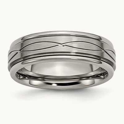 Brushed Center Criss-cross Design Ridged Edge Band, 7mm, Titanium