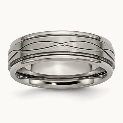 Brushed Center Criss-cross Design Ridged Edge Band, 7mm, Titanium