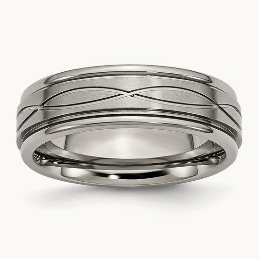 Brushed Center Criss-cross Design Ridged Edge Band, 7mm, Titanium