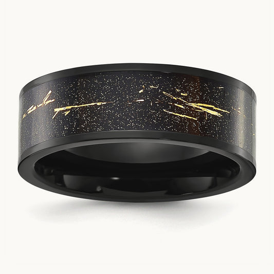 Polished Black IP-plated w/Black and Gold Foil Inlay Band, 8mm, Titanium