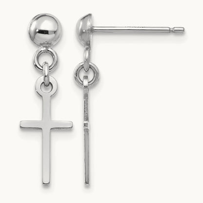 Polished Cross Dangle Post Earrings — 14K White Gold, 20.5mm