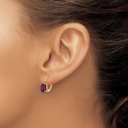 7x5mm Emerald Cut Amethyst Leverback Earrings — 14K Yellow Gold