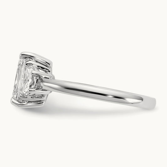 1/2ct Lab Grown Dia VS/SI+ G+ Semi Emerald&1/2 Moon 3Stone Eng Ring, 14K White Gold