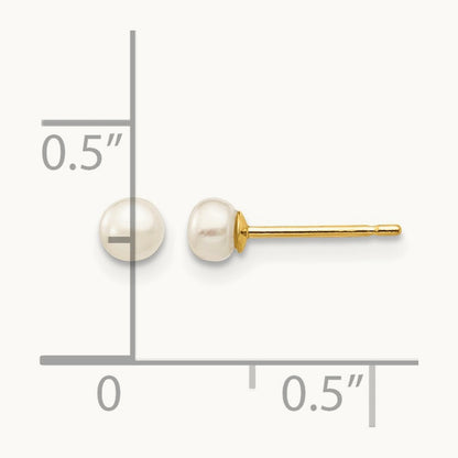 3- White Button Freshwater Cultured Pearl Stud Post Earrings, 4mm, 14K