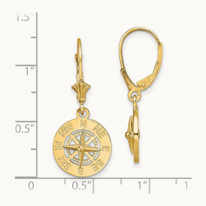 Mini Nautical Compass Leverback Earrings, 14K
