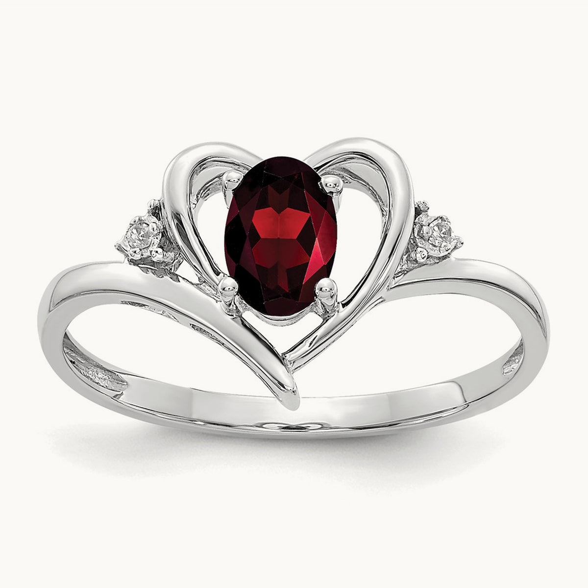 Garnet and Diamond Heart Ring — 14K White Gold, 7