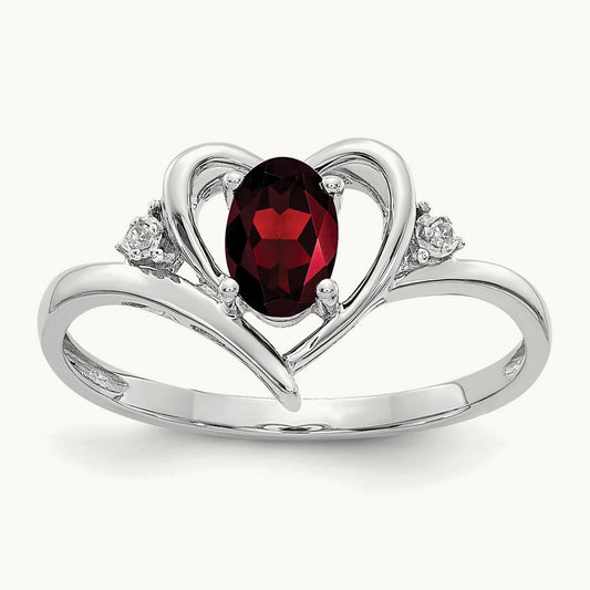 Garnet and Diamond Heart Ring — 14K White Gold, 7
