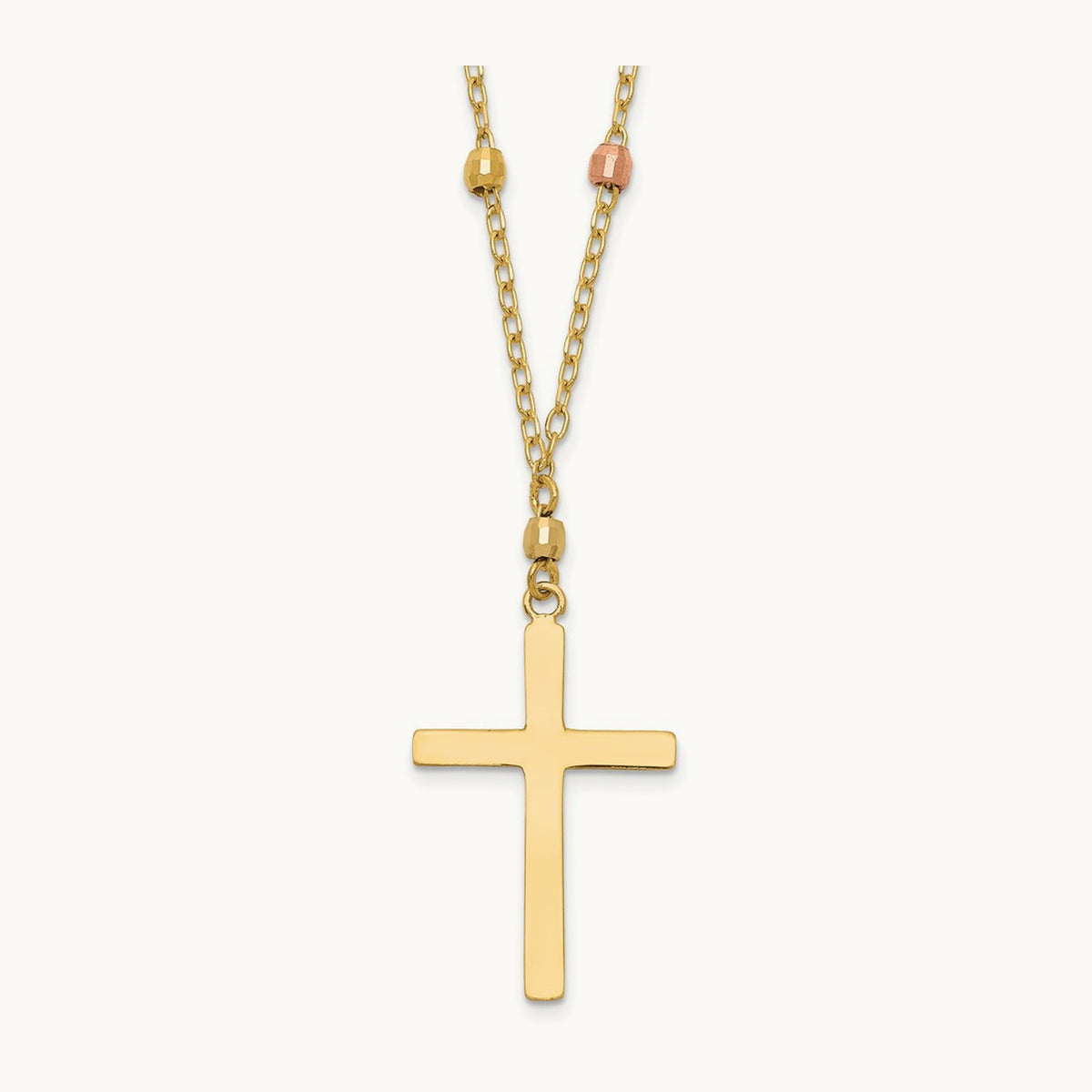 Tri Colored Gold Diamond Cut Beaded Cross Necklace, 14K