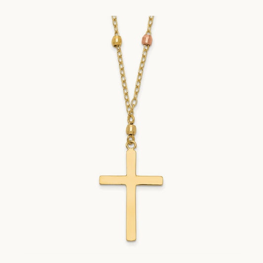Tri Colored Gold Diamond Cut Beaded Cross Necklace, 14K