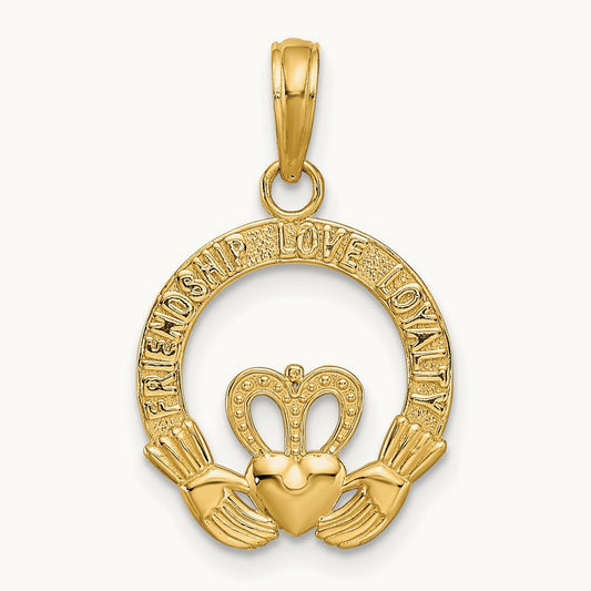 Satin Diamond-cut Flat-Backed Claddagh Pendant, 14K