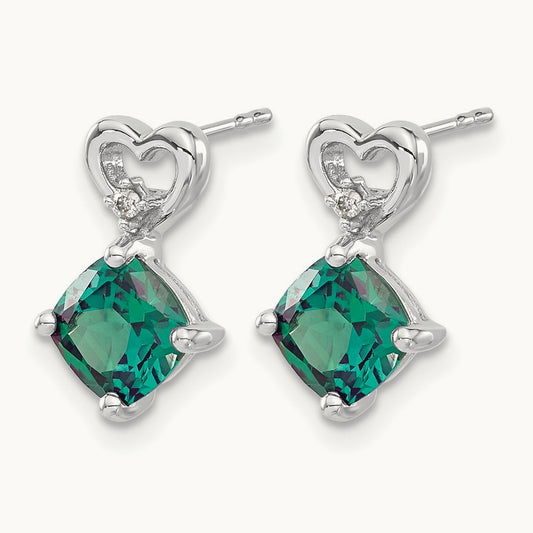 Created Alexandrite and Diamond Heart Earrings, 14K White Gold