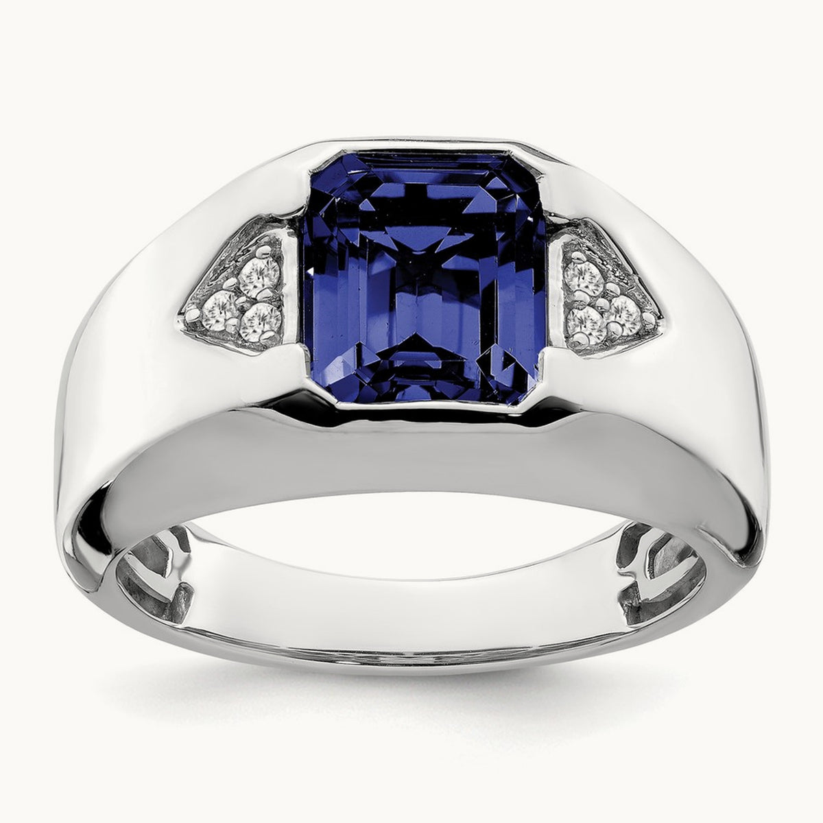 Emerald-cut Created Sapphire and Lab-Grown Diamond Men's Ring — 14K White Gold