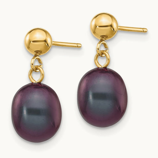 7- Black Rice Freshwater Cultured Pearl Post Dangle Earrings, 8mm, 14K