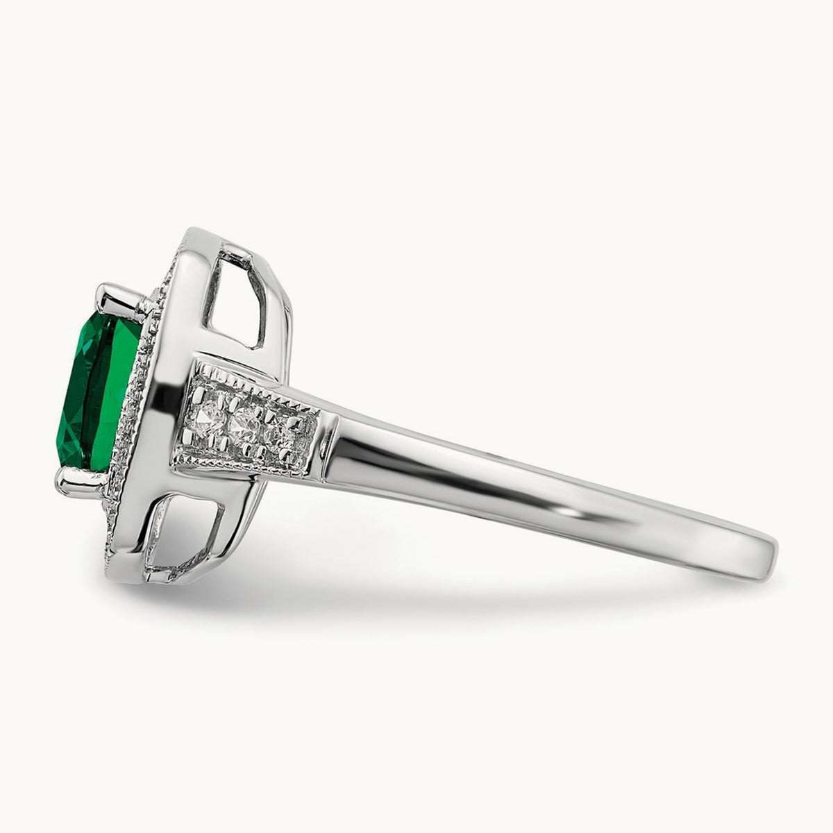Cushion Created Emerald and Diamond Halo Ring, 14K White Gold