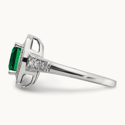 Cushion Created Emerald and Diamond Halo Ring, 14K White Gold