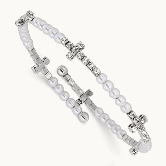 Tone Imitation Acrylic Pearl/Crystal Cross Flexible Bangle