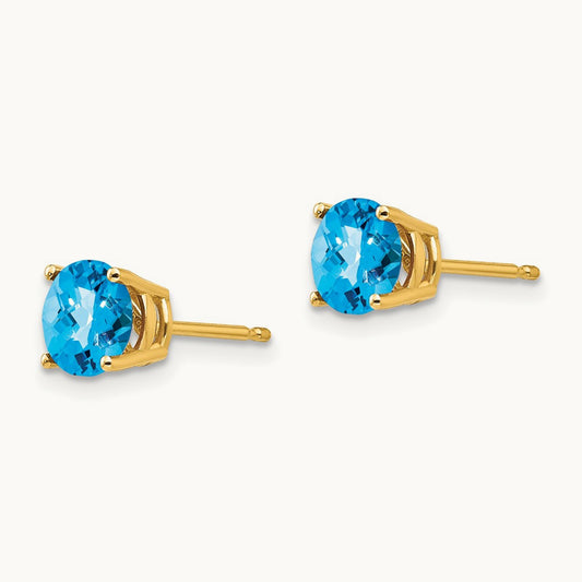 Blue Topaz Checker Earrings, 6mm, 14K