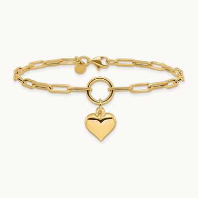 Polished Puff Heart Paper Clip Link Bracelet, 14K
